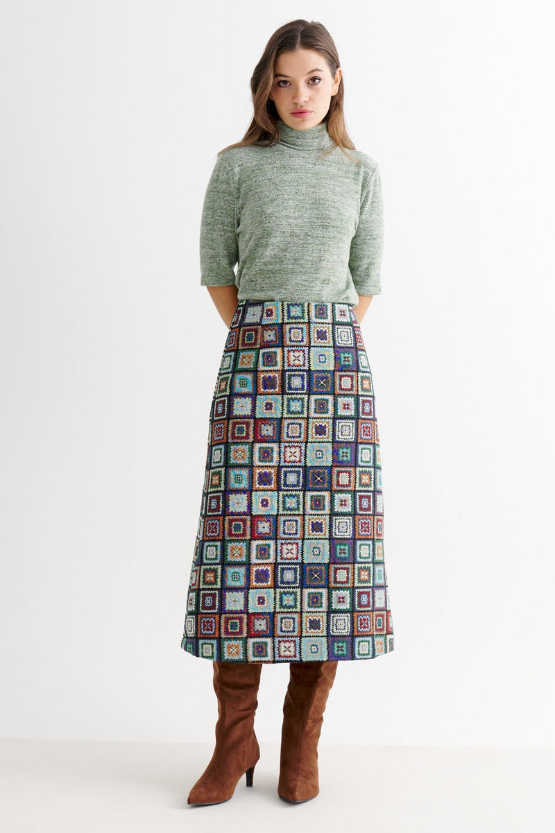 Buffy 70's Patch Jacquard Midi Skirt