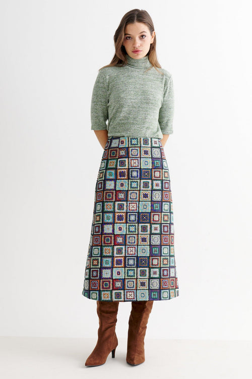 Buffy 70's Patch Jacquard Midi Skirt