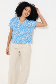 Marika Negative Floral Print Short Sleeve Shirt - Blue