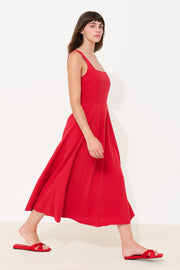 Baya Linen Mix Square Neck Midi Dress - Red