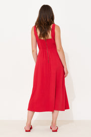 Baya Linen Mix Square Neck Midi Dress - Red