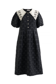 Iris Bow Black Jacquard White Embroidered Collar Midi Dress
