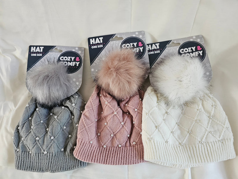 Ladies Cozy Comfy One Size Hat Fluffy Bobble 3 Assorted Colors one supplied