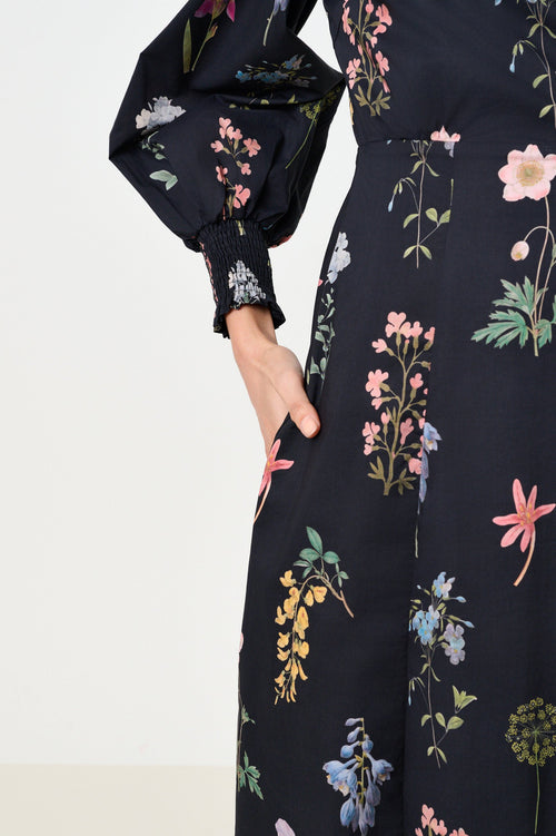 Jessie Flower Press Print Frill Neck Midi Dress