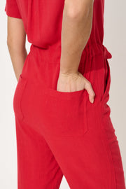 Justin Linen Mix Short Sleeve Jumpsuit - Red