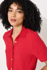 Justin Linen Mix Short Sleeve Jumpsuit - Red