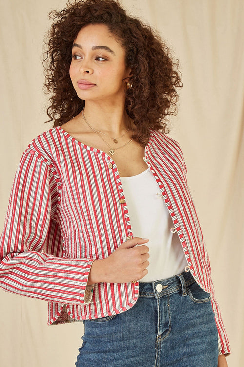 Yumi White Floral Print Reversible Cotton Cropped Quilted Jacket