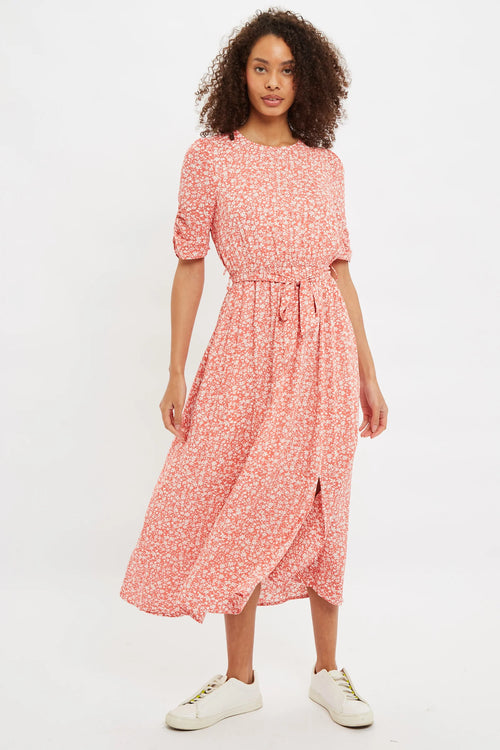 Louche Kiza Micro Blossom Print Short Sleeve Midi Dress In Pink