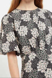 Leonore Flower Patch Balloon Sleeve Midi Dress in Black & White