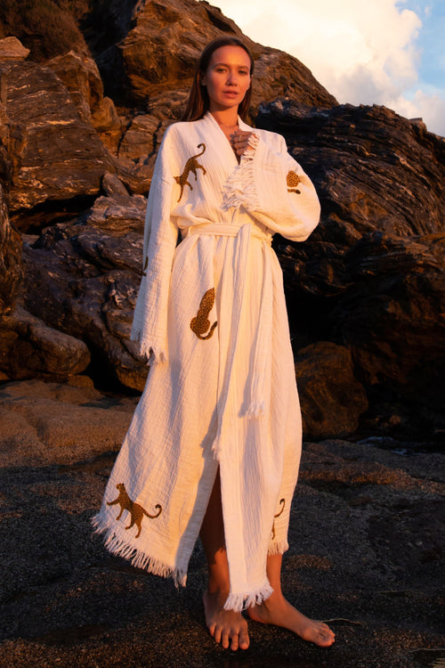 WILD LEOPARD Organic Cotton Kimono in Brown