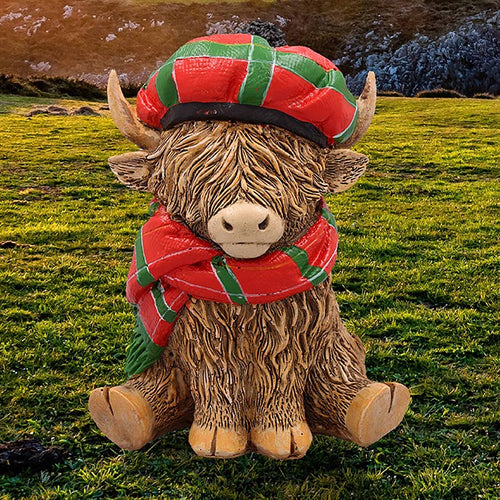 Happy Highland Cow Ornament in Traditional Tartan Scarf & Hat, Celebrating Scottish Heritage, Crafted from Durable Resin, 12cm Gift-Boxed Figurine with...
