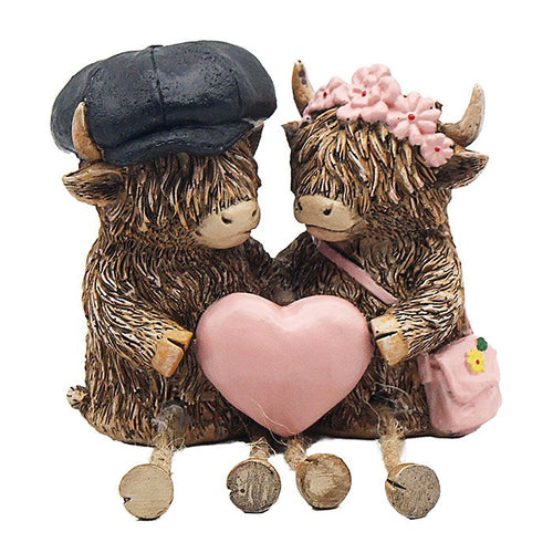 Lesser & Pavey Highland Cow Bronze Effect Ornament with Cute Dangle Legs and Accessories - Tartan, Blue, Green Red or Pink Hat, Scarf and or Bag House Decoration or Gift (Pink)