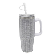 Silver Diamante Drinks Cup for Hot Or Cold Drinks | Large Thermal Travel Mug with Lid & Straw for Office, Gym, Home Or Travel | Insulated Tumbler Coffee Cups for Daily Use
