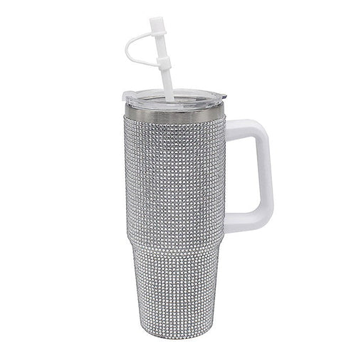 Silver Diamante Drinks Cup for Hot Or Cold Drinks | Large Thermal Travel Mug with Lid & Straw for Office, Gym, Home Or Travel | Insulated Tumbler Coffee Cups for Daily Use