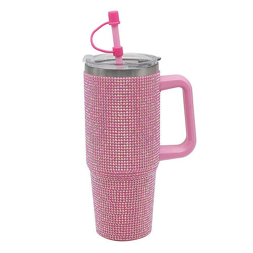Pink Diamante Drinks Cup for Hot Or Cold Drinks | Large Thermal Travel Mug with Lid & Straw for Office, Gym, Home Or Travel | Insulated Tumbler Coffee Cups for Daily Use