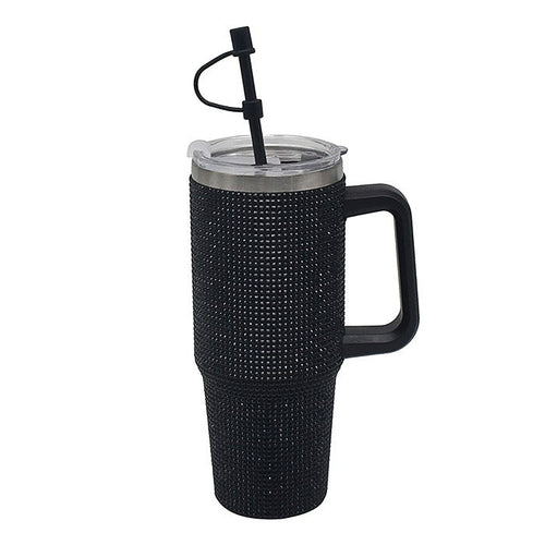 Black Diamante Drinks Cup for Hot Or Cold Drinks | Large Thermal Travel Mug with Lid & Straw for Office, Gym, Home Or Travel | Insulated Tumbler Coffee Cups for Daily Use