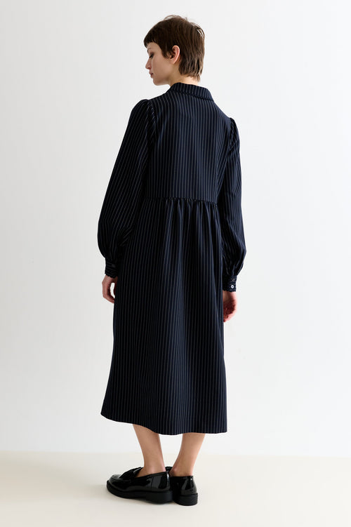 Manton Pinstripe Zip Front Lace Trim Midi Dress - Navy
