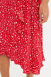 Louche Mara Spot It Print Ruffle Hem Wrap Midi Skirt Red
