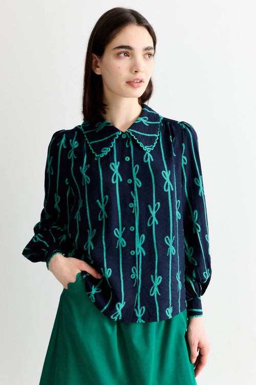 Martta Tie Up Lace Trimmed Collar Blouse - Navy