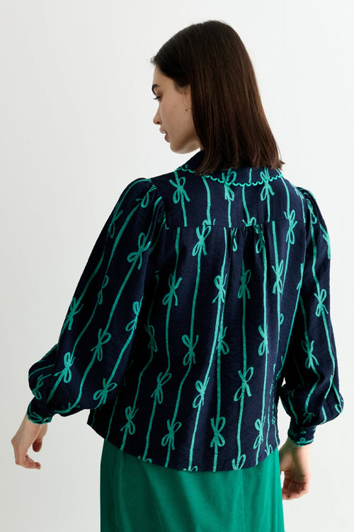 Martta Tie Up Lace Trimmed Collar Blouse - Navy
