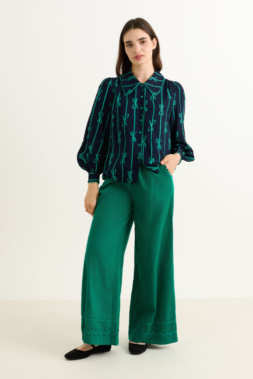 Martta Tie Up Lace Trimmed Collar Blouse - Navy