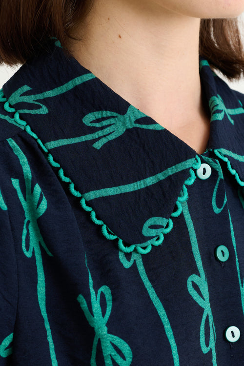 Martta Tie Up Lace Trimmed Collar Blouse - Navy