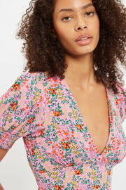 Louche Merle Flower Show Print V Neck Short Sleeve Tea Dress Pink