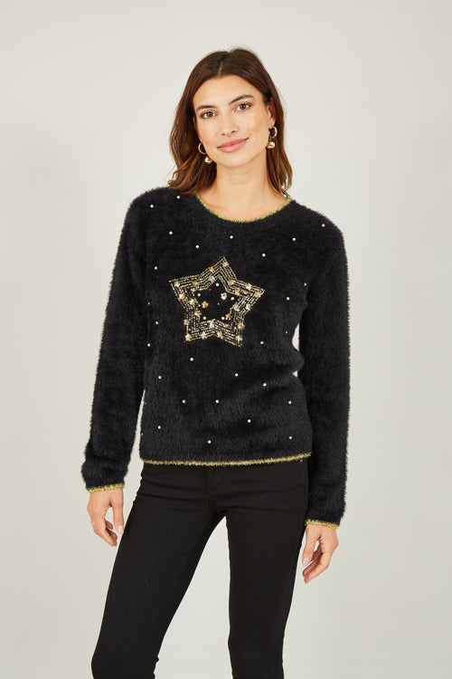 Yumi Black Fluffy Star Christmas Jumper