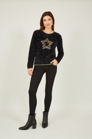 Yumi Black Fluffy Star Christmas Jumper