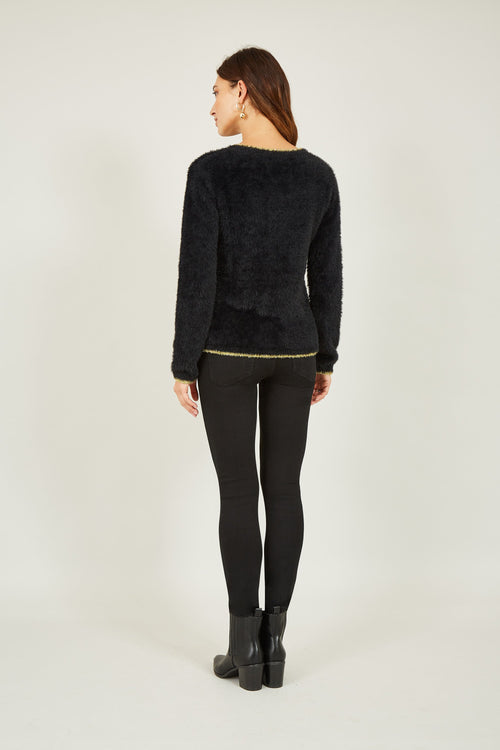Yumi Black Fluffy Star Christmas Jumper