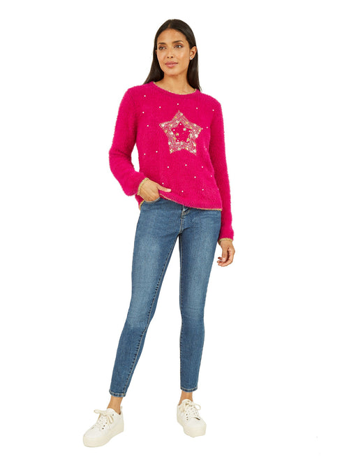 Mela Pink Fluffy Star Christmas Jumper