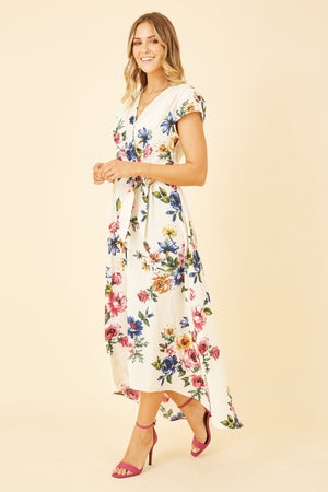 Yumi Ivory Floral Wrap Dip Hem Dress