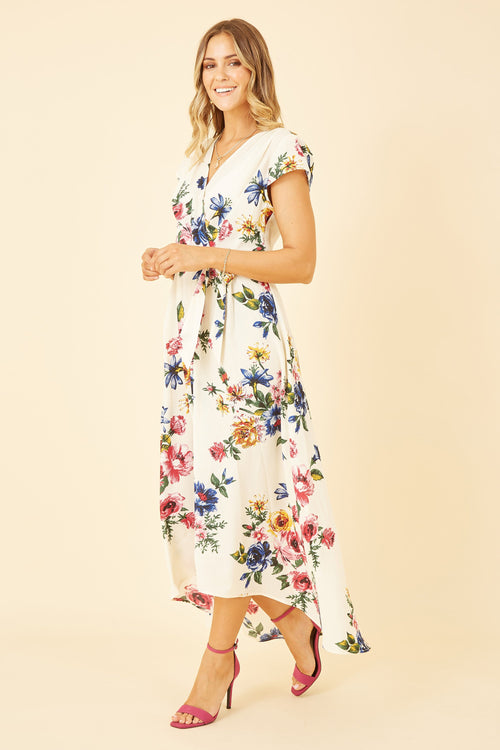 Yumi Ivory Floral Wrap Dip Hem Dress