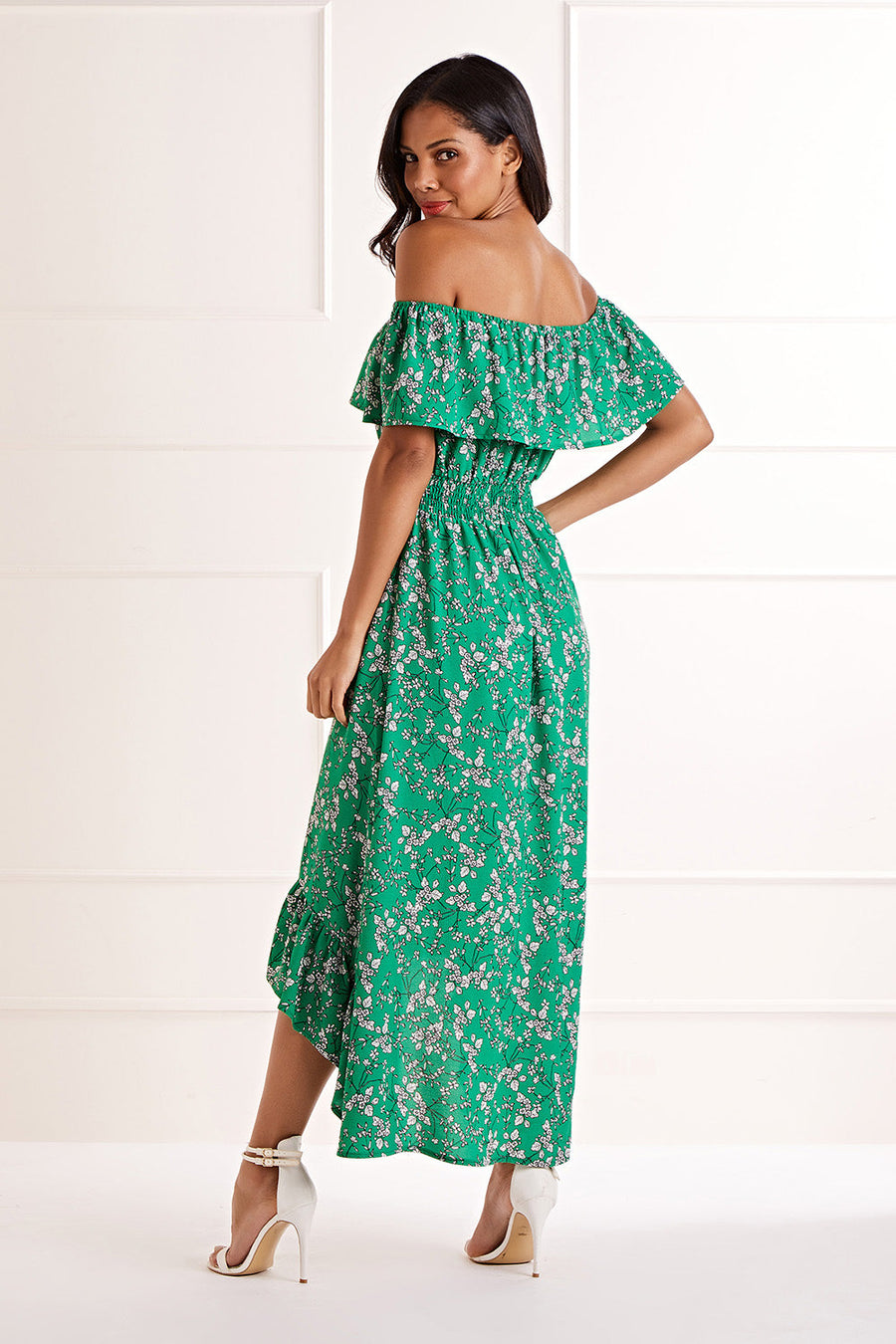 Yumi Green Bardot Asymmetric Maxi Dress