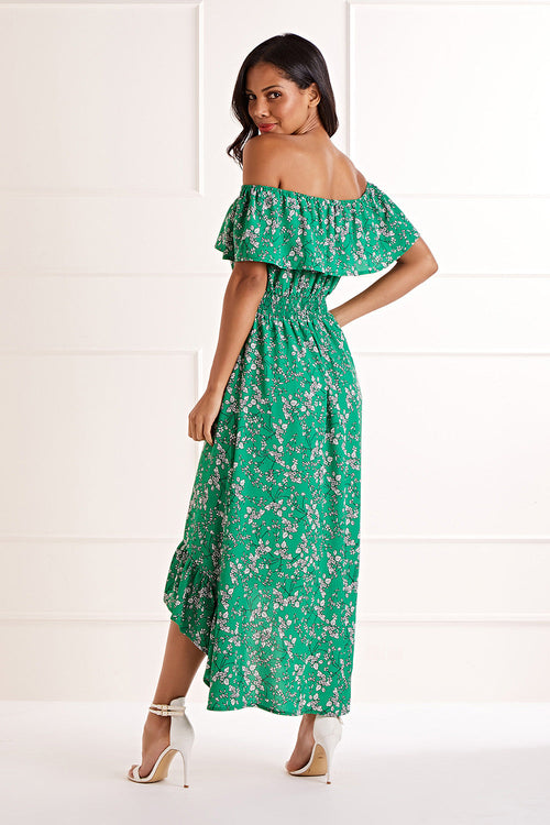 Yumi Green Bardot Asymmetric Maxi Dress