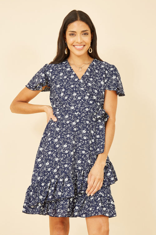 Yumi Navy Ditsy Floral Wrap Frill Dress