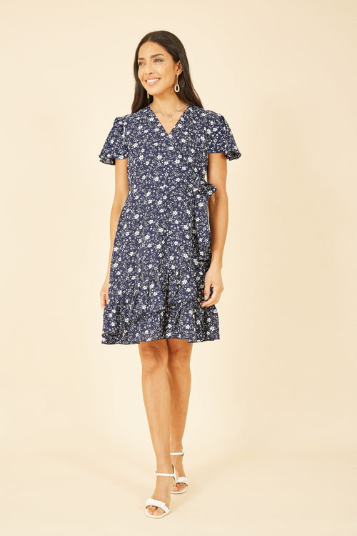 Yumi Navy Ditsy Floral Wrap Frill Dress