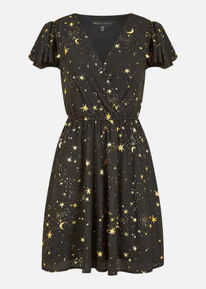Mela Black Foil Star Print Wrap Skater Dress