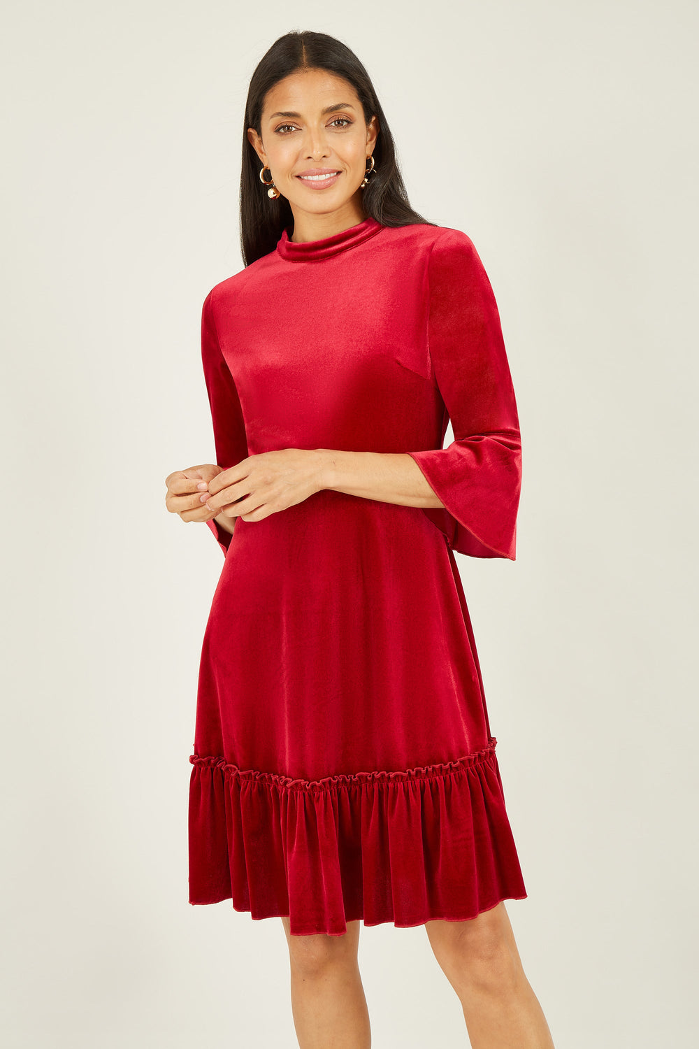 Mela Red Velvet High Neck Skater Dress