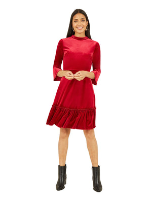 Mela Red Velvet High Neck Skater Dress