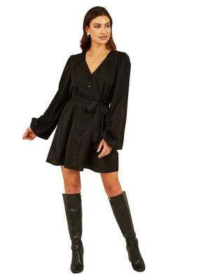 Mela Black Balloon Sleeve Shirt Dress