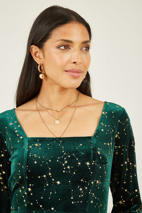 Yumi Green Star Foil Print Long Sleeve Skater Dress
