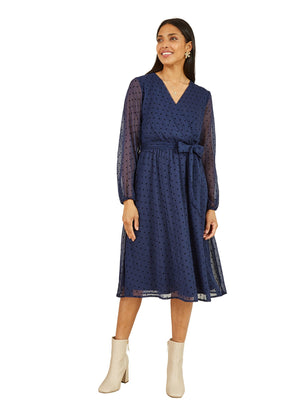 Mela Navy Dobby Spot Long Sleeve Wrap Over Midi Dress