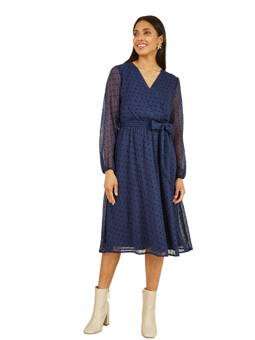 Mela Navy Dobby Spot Long Sleeve Wrap Over Midi Dress