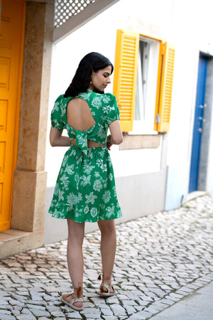 Mela Green Floral Print Skater Dress With Back Tie