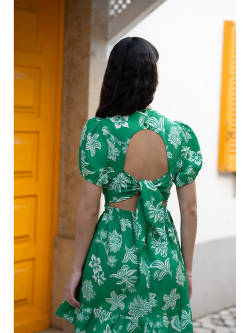 Mela Green Floral Print Skater Dress With Back Tie