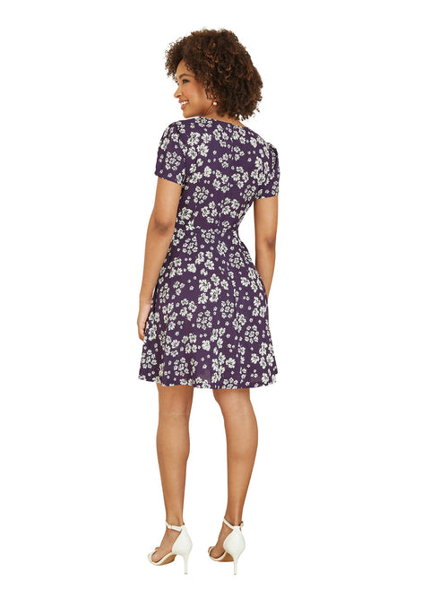 Mela Navy Floral Mini Skater Dress With Tie Front