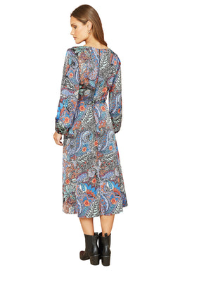 Mela Blue Paisley Print Long Sleeve Midi Dress