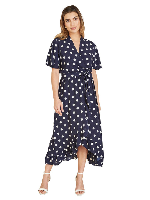 Mela Navy Spot Print Wrap Midi Dress With Frill Detail