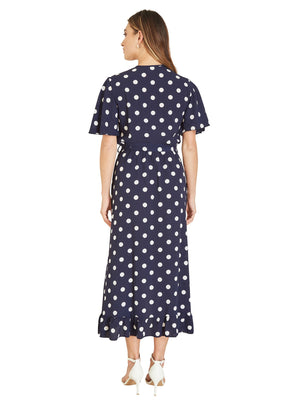 Mela Navy Spot Print Wrap Midi Dress With Frill Detail